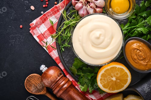 Preview: Homemade mayonnaise sauce and ingredients lemon, eggs, olive oil, spices and herbs, black background