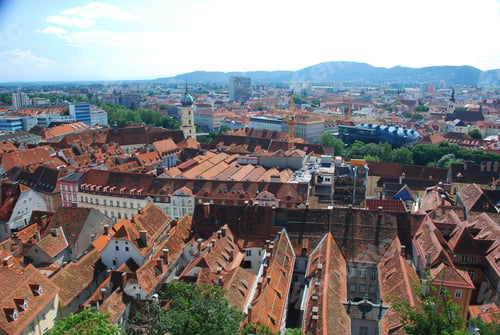 Preview: Aerial view over the old town of Graz, Styria