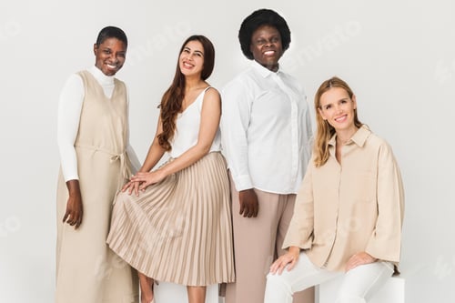 Preview: Diverse group of people wearing earth tone casual outfit for apparel ad
