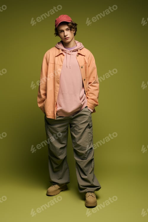 Preview: Fashionable young man showcases modern street style in vibrant setting