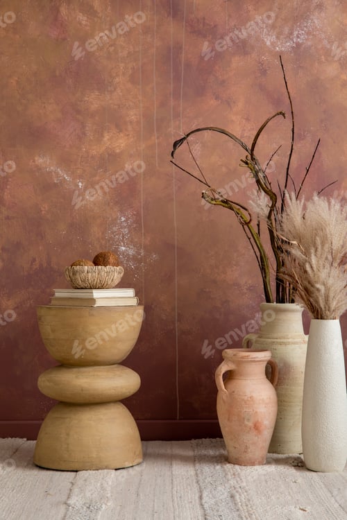 Preview: The stylish composition a living room interior with coffee table, vase with dried flowers