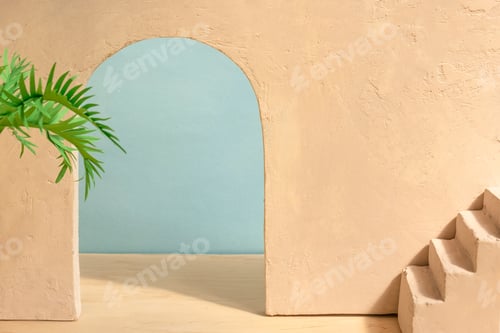 Preview: Concrete wall with arch, stairs and palm tree. Abstract interior summer background