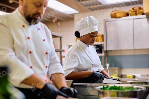 Preview: Black female chef working int he kitchen in a restaurant.