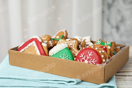 Preview: Box with tasty homemade Christmas cookies on table