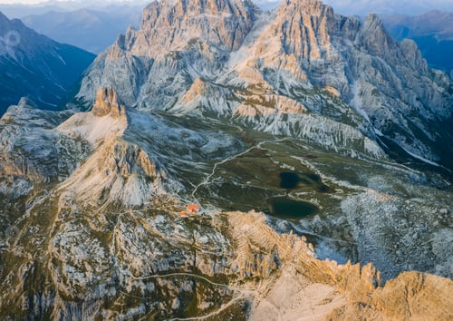 Preview: Aerial view of Dreizinnenhuette - Rifugio Antonio Locatelli close to Tre Cime di Lavaredo, Dolomites
