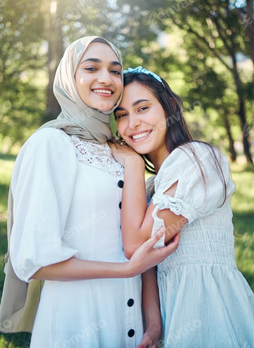 Preview: Women happy in garden, forest park with trees and outdoor garden picnic in summer. Portrait of frie