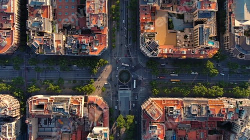Preview: Aerial view of Passeig de Gracia major avenues in Barcelona in summer day at sunrise. Catalonia