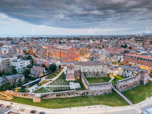 Preview: Aerial view of Rimini at night in the Christmas period
