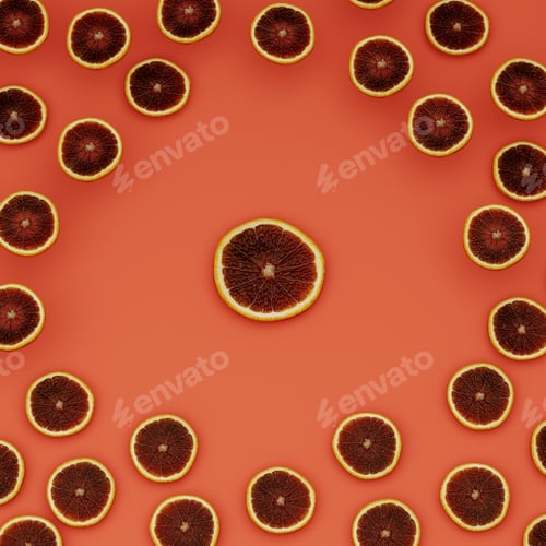 Preview: Red orange slices on orange surface, surrounding fruits, 3d rendering