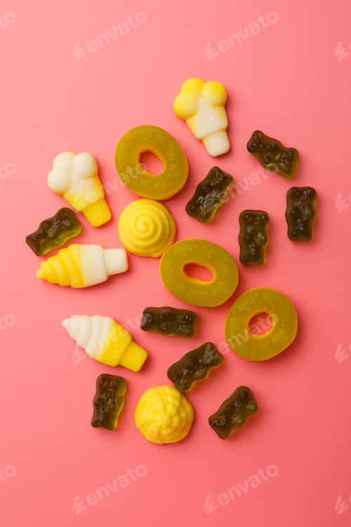 Preview: Jelly candies on pink background, top view