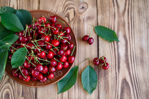 Preview: Wet cherry with leaves and drops