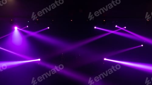 Preview: Empty stage concert with lighting laser beam spotlight show in disco pub club bar for party music