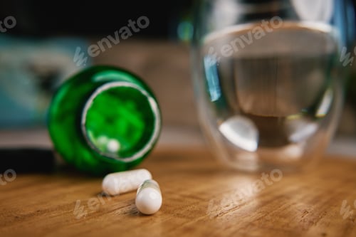 Preview: Supplement bottle and capsules with glass of water