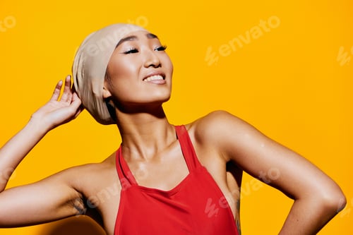 Preview: Woman smile lifestyle red portrait surprised background young trendy fashion beauty cheerful shocked
