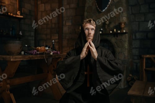 Preview: Desperate monk praying to God looking upward in monastery