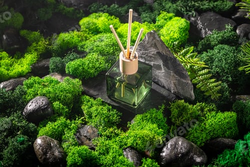 Preview: Fresh fragrance diffuser in translucent glass bottle in forest.