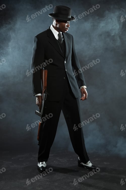 Preview: Black American Mafia Gangster Man In Suit With Gun.