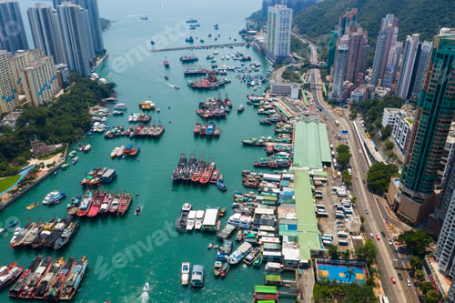 Preview: Aberdeen, Hong Kong 12 May 2019: Top down view of Hong Kong typhoon shelter in aberdeen
