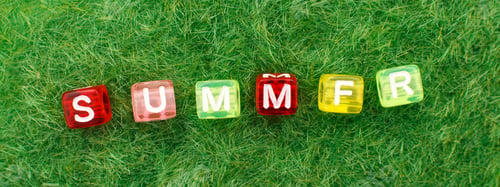 Preview: word summer on green grass background. lawn desktop nature pattern. banner