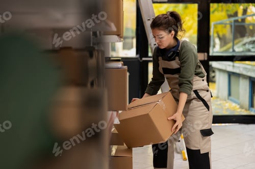 Preview: Female staff member managing cardboard boxes storage on shelving units