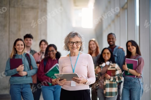 Preview: Portrait of happy university teacher with her students looking at camera.