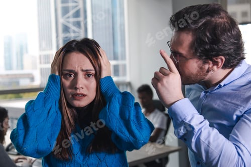 Preview: a scared woman is exposing to sexious discrimination by his man director ina modern office