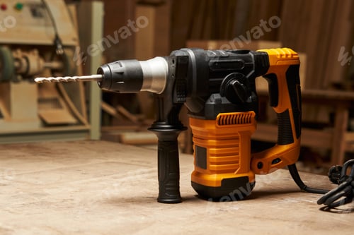 Preview: Heavy Duty Drill on Wooden Table Surface