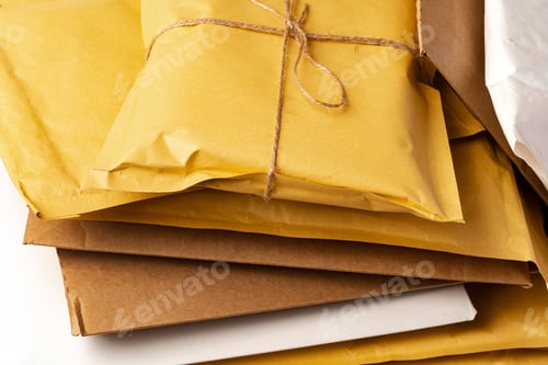 Preview: Close up shot of stack of padded mailing envelopes
