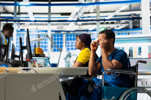 Preview: Worker with disability works in photovoltaics factory on designing solar cells