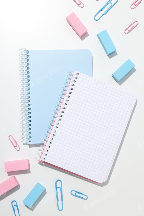 Preview: Blue and pink notebooks with stationery on a white background