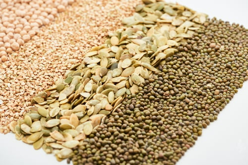 Preview: Green Mung Beans, Pumpkin Seeds, Chickpea And Raw Buckwheat Isolated on White
