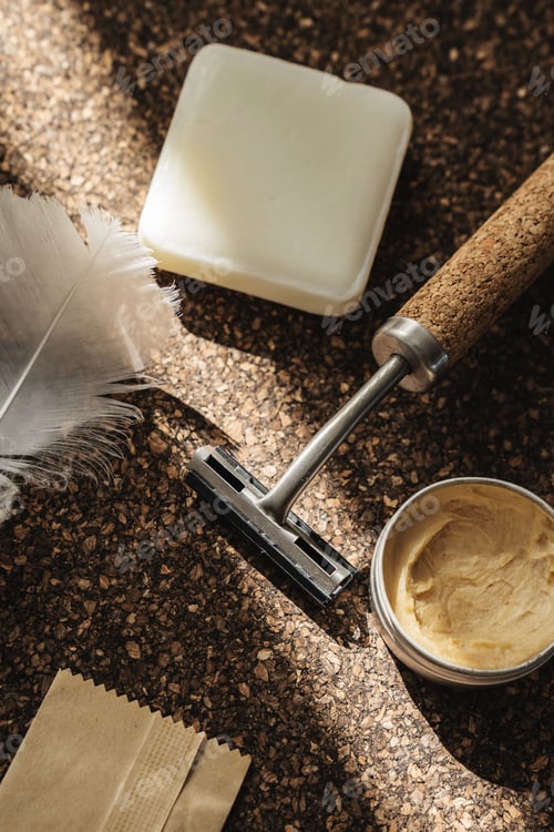 Preview: Safety Razor with Cork Handle, Shaving Soap, and Balm on Cork Surface
