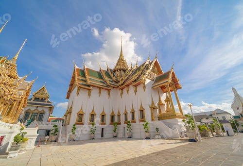 Preview: Golden pagoda at Temple of the Emerald Buddha in Bangkok, Thailand. Wat Phra Kaew and Grand palace