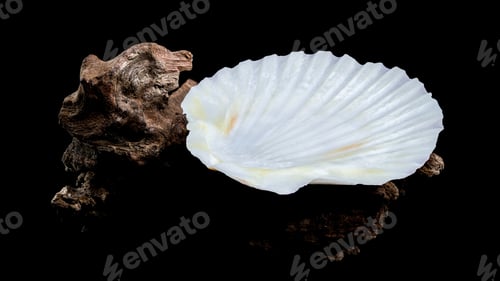 Preview: Scallop shell on driftwood macro black background