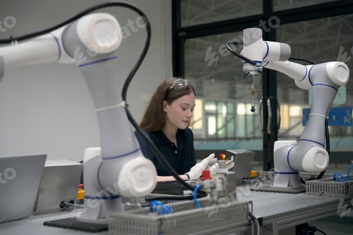 Preview: Robotics student working on automation project with robotic arms in modern lab setting