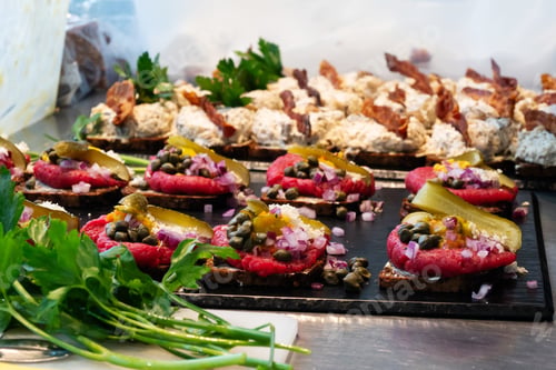 Preview: Smorrebrod on rye bread, open sandwich with tartare steak, ground beef.
