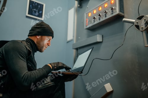 Preview: Robber with laptop trying to open the vault door