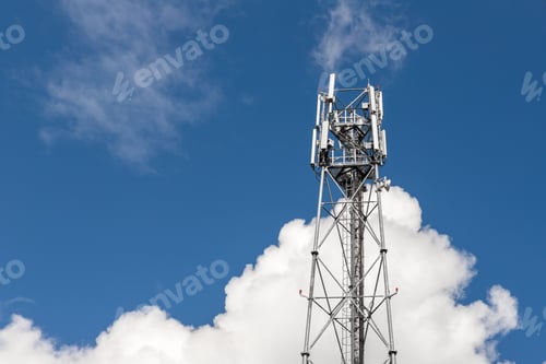 Preview: Bottom perspective pov of modern metal steel mobile 5g network wireless telecom tower against clear