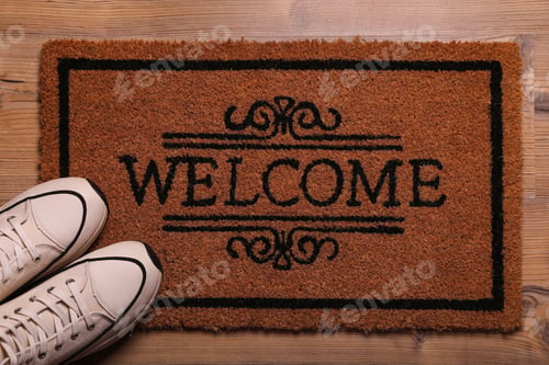 Preview: Door mat with word Welcome and stylish sneakers on wooden floor, flat lay