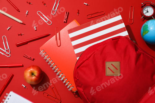 Preview: Concept of school education with school accessories, top view