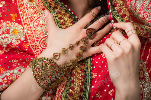 Preview: cropped view of woman posing in traditional indian sari and accessories, isolated on grey