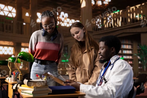 Preview: Multiethnic group of students in a library participate at a lesson with doctor