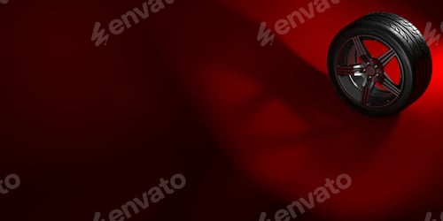 Preview: Car wheel isolated on a red background with shadow. Tyre. Poster booklet cover design. 3d