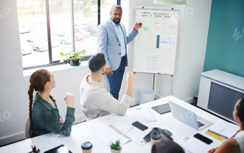 Preview: Coach, training and black man with presentation in meeting for strategy and progress in startup. Te