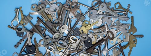 Preview: Keys set on blue background. Door lock keys and safes for property security and house protection