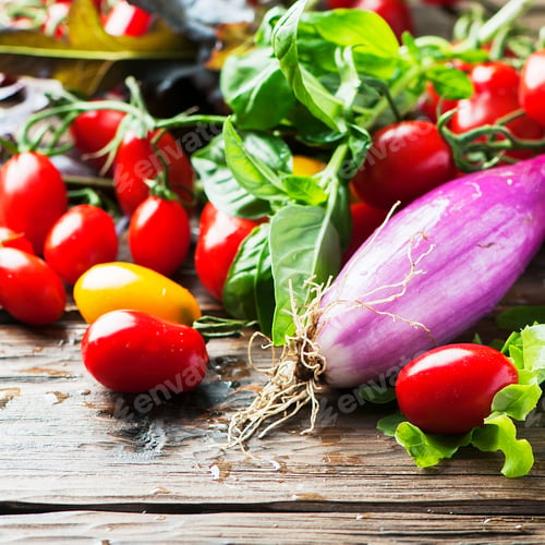 Preview: Ingredients for vegan salad on the wooden table