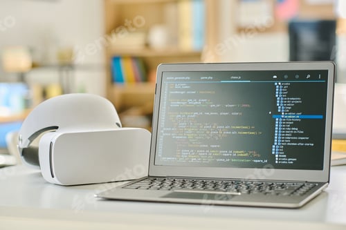 Preview: Laptop with codes and VR glasses on the table