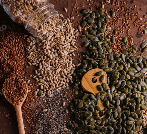 Preview: Different types of grains and seeds on shabby wooden