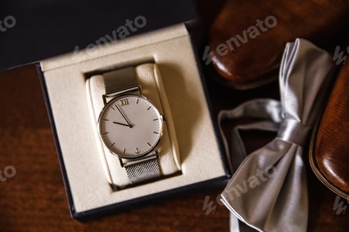 Preview: Men's watch on a table with shoes and a butterfly. Wedding accessories on wooden brown background.