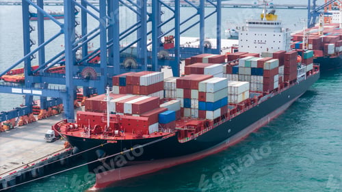 Preview: Crane loading box container to cargo ship at commercial dock port. Shipyard Cargo Container Sea